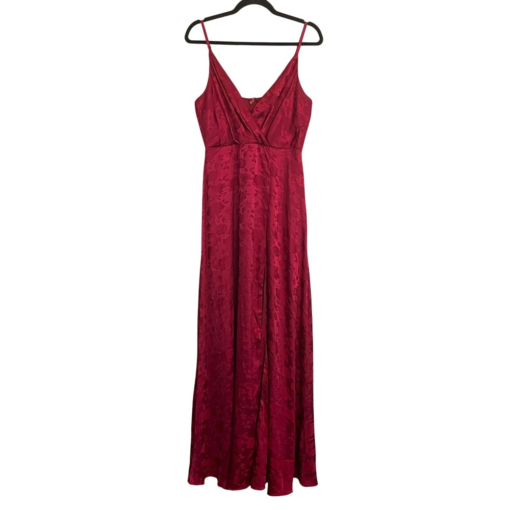 Lulus Wine Red Floral Jacquard Satin Maxi Dress Surplice V-Neck Slit Size Large